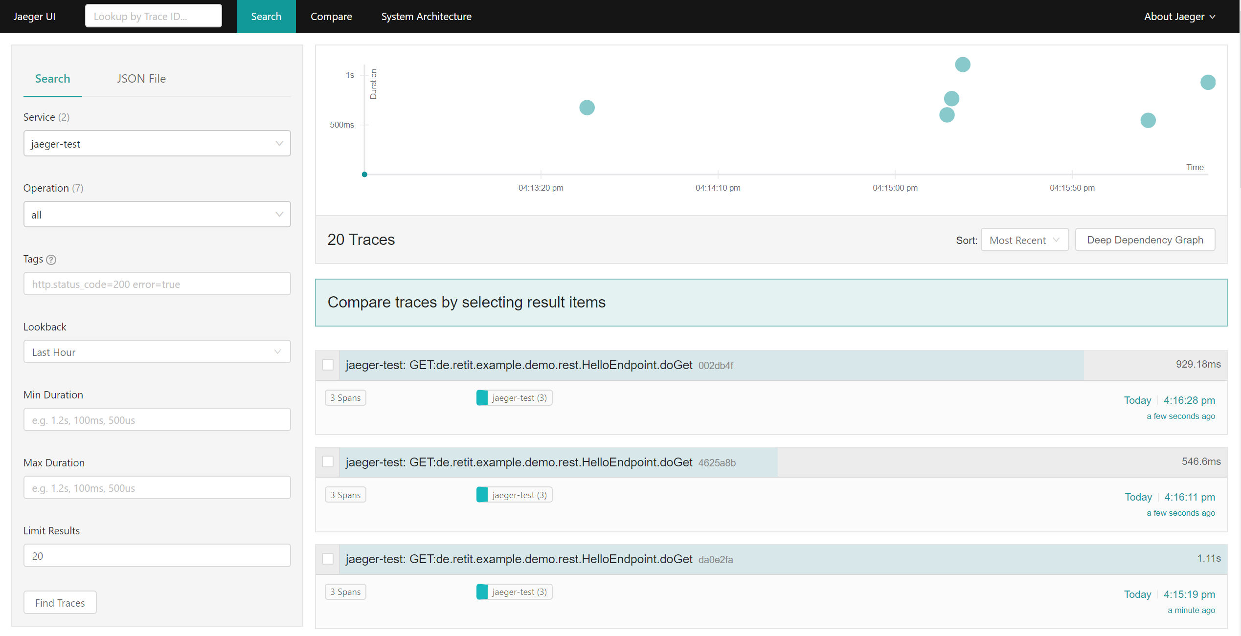 Traces of the demo application in Jaeger’s UI